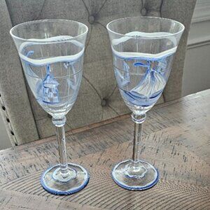 2 Hand Painted Wine Glasses Lighthouse Sailing Sailboat Sail Ocean Nautical Sea